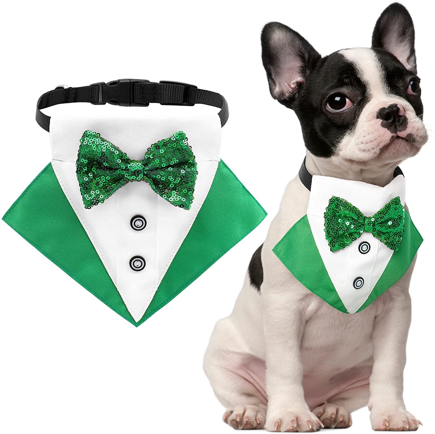 KUTKUT Dog Tuxedo,Pet Green Collar Puppy Costume Adjustable Dog Bandana Scarf Doggie Bibs, Irish Lucky Dress-Up Dog Bow Tie with D-Ring for Small Dogs-Bandana-kutkutstyle